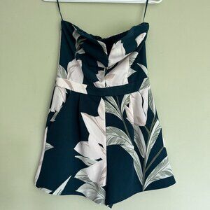 Strapless romper with white flower print XS Dark green
